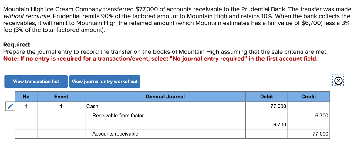 Mountain High Ice Cream Company transferred $77,000 of accounts receivable to the Prudential Bank. The transfer was made
without recourse. Prudential remits 90% of the factored amount to Mountain High and retains 10%. When the bank collects the
receivables, it will remit to Mountain High the retained amount (which Mountain estimates has a fair value of $6,700) less a 3%
fee (3% of the total factored amount).
Required:
Prepare the journal entry to record the transfer on the books of Mountain High assuming that the sale criteria are met.
Note: If no entry is required for a transaction/event, select "No journal entry required" in the first account field.
View transaction list View journal entry worksheet
No
1
Event
1
Cash
Receivable from factor
Accounts receivable
General Journal
Debit
77,000
6,700
Credit
6,700
77,000
x