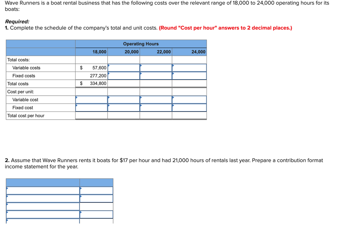 Wave Runners is a boat rental business that has the following costs over the relevant range of 18,000 to 24,000 operating hours for its
boats:
Required:
1. Complete the schedule of the company's total and unit costs. (Round "Cost per hour" answers to 2 decimal places.)
Total costs:
Variable costs
Fixed costs
Total costs
Cost per unit:
Variable cost
Fixed cost
Total cost per hour
$
$
18,000
57,600
277,200
334,800
Operating Hours
20,000
22,000
24,000
2. Assume that Wave Runners rents it boats for $17 per hour and had 21,000 hours of rentals last year. Prepare a contribution format
income statement for the year.