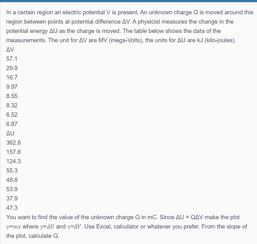 In a certain region an electric potential V is present. An unknown charge Q is moved around this
region between points at potential difference AV. A physicist measures the change in the
potential energy AU as the charge is moved. The table below shows the data of the
measurements. The unit for AV are MV (mega-Volts), the units for AU are kJ (kilo-joules).
AV
57.1
29.9
16.7
9.97
8.55
8.32
6.52
6.87
Δυ
362.8
157.6
124.3
55.3
48.8
53.9
37.9
47.3
You want to find the value of the unknown charge Q in mC. Since AU = QAV make the plot
y=mx where y=AU and x=AV. Use Excel, calculator or whatever you prefer. From the slope of
the plot, calculate Q.
