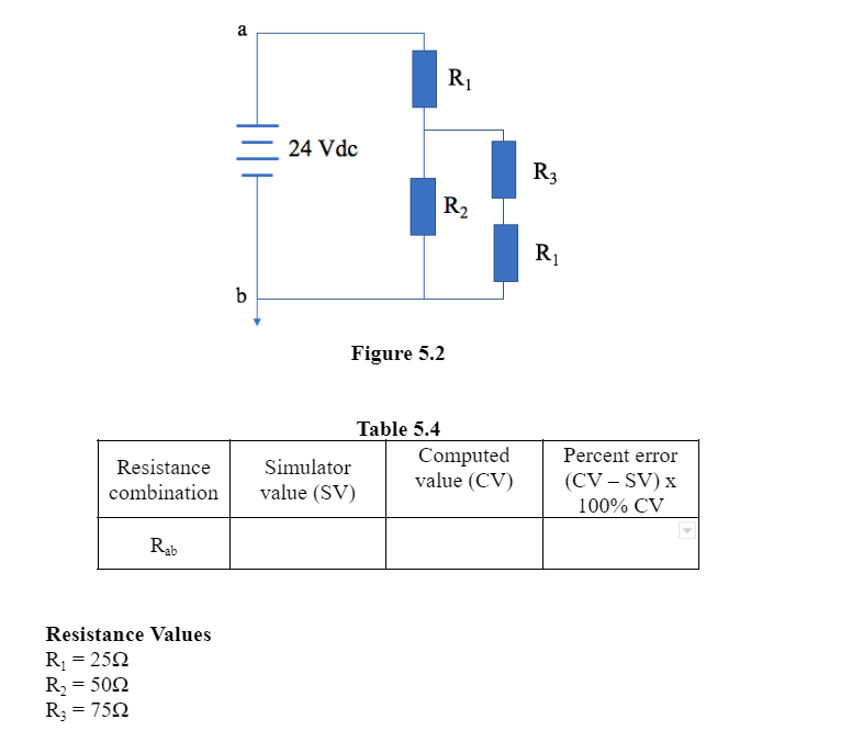 a
R1
24 Vdc
R3
R2
R1
Figure 5.2
Table 5.4
Computed
value (CV)
Percent error
Resistance
Simulator
(CV – SV) x
combination
value (SV)
100% CV
Rab
Resistance Values
R = 252
R2 = 502
R; = 750

