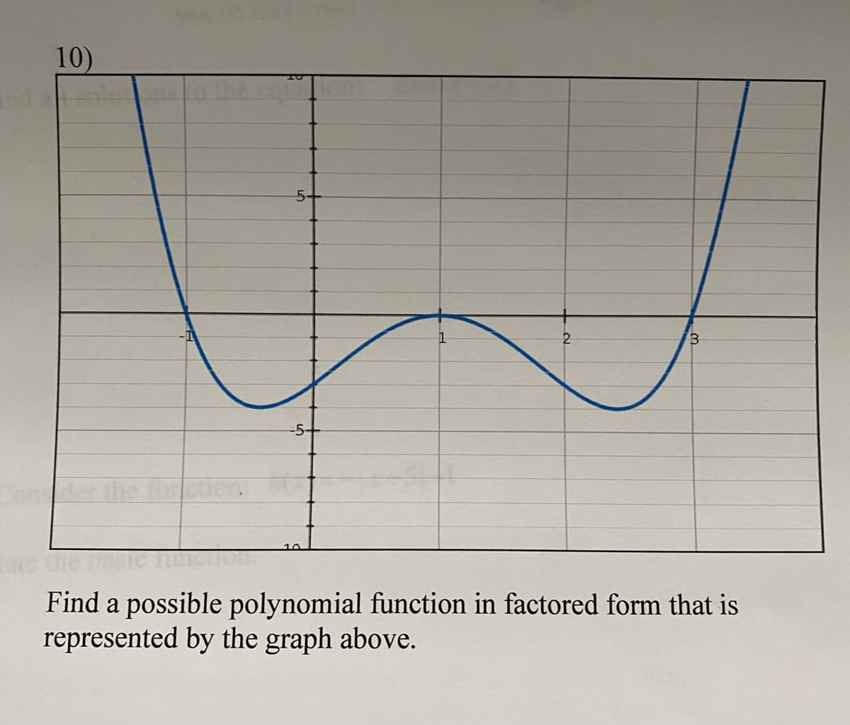 10)
nd
5-
-5-
der
10
Find a possible polynomial function in factored form that is
represented by the graph above.
