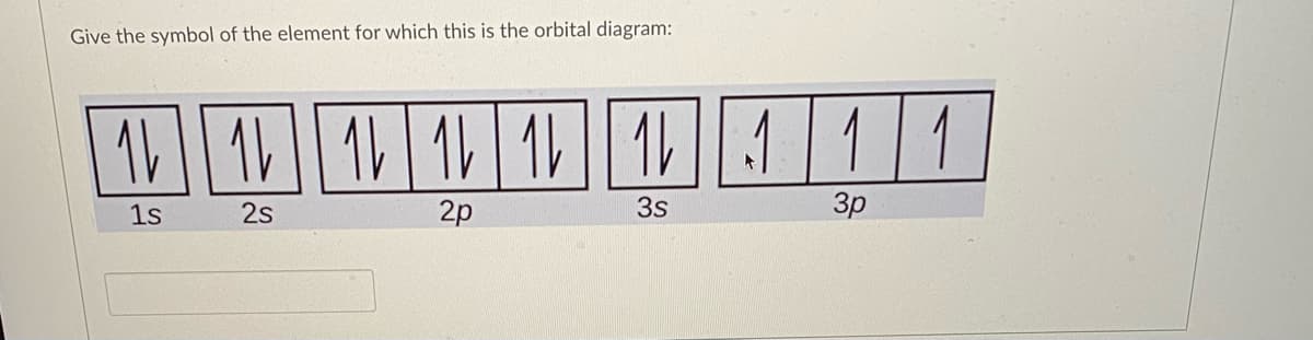 Give the symbol of the element for which this is the orbital diagram:
11 1 1 1 1411
1s
2s
2p
3s
Зр
