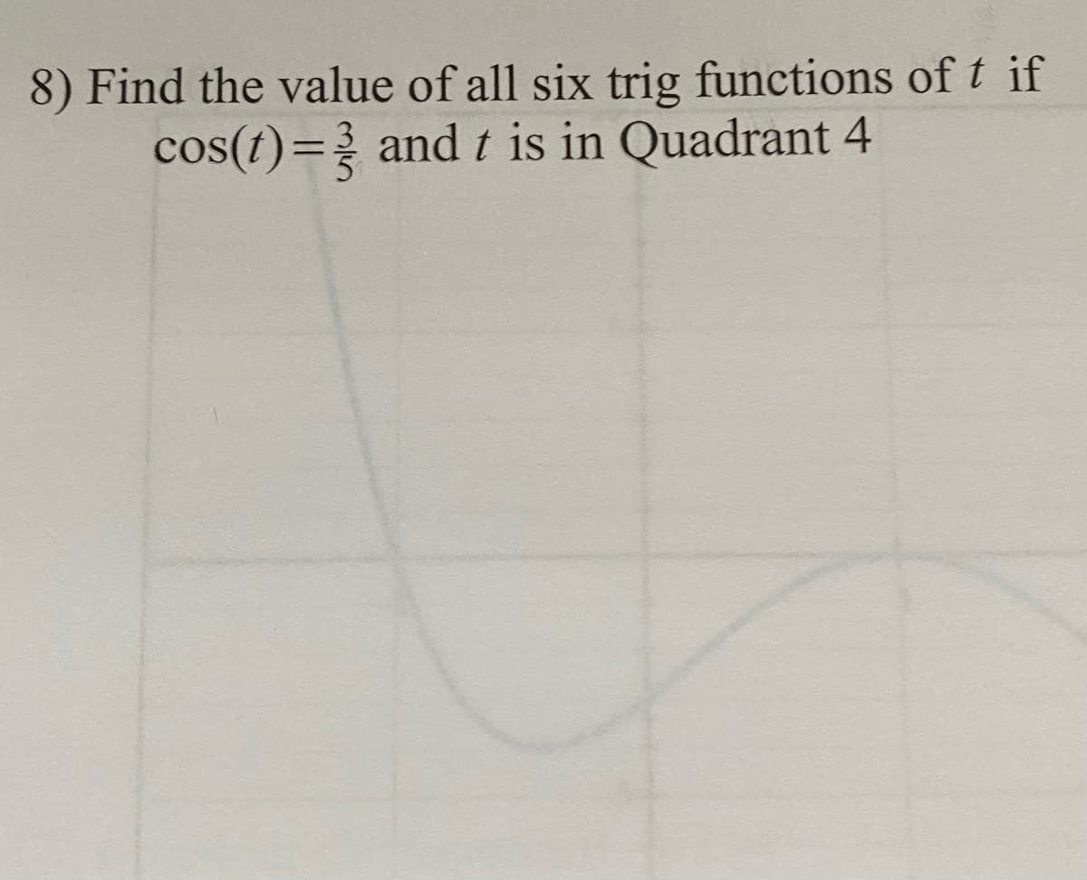 8) Find the value of all six trig functions of t if
cos(t)= and t is in Quadrant 4
%3D
