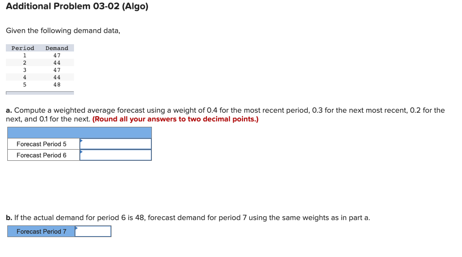 Additional Problem 03-02 (Algo)
Given the following demand data,
Period
Demand
1
47
2
44
47
44
5
48
a. Compute a weighted average forecast using a weight of 0.4 for the most recent period, 0.3 for the next most recent, 0.2 for the
next, and 0.1 for the next. (Round all your answers to two decimal points.)
Forecast Period 5
Forecast Period 6
b. If the actual demand for period 6 is 48, forecast demand for period 7 using the same weights as in part a.
Forecast Period 7
3
45