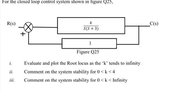 For the closed loop control system shown in figure Q25,
R(s)
k
C(s)
S(S + 3)
1
Figure Q25
i.
Evaluate and plot the Root locus as the 'k' tends to infinity
ii.
Comment on the system stability for 0<k<4
ii.
Comment on the system stability for 0< k < Infinity
