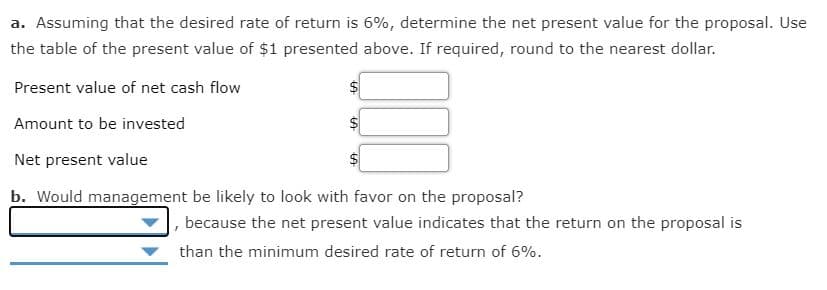 a. Assuming that the desired rate of return is 6%, determine the net present value for the proposal. Use
the table of the present value of $1 presented above. If required, round to the nearest dollar.
Present value of net cash flow
Amount to be invested
Net present value
b. Would management be likely to look with favor on the proposal?
, because the net present value indicates that the return on the proposal is
than the minimum desired rate of return of 6%.
%24
%24
