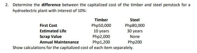 2. Determine the difference between the capitalized cost of the timber and steel penstock for a
hydroelectric plant with interest of 10%:
Timber
Php50,000
10 years
Php2,000
Php1,200
Steel
Php80,000
30 years
First Cost
Estimated Life
Scrap Value
Annual Maintenance
Show calculations for the capitalized cost of each item separately.
None
Php200