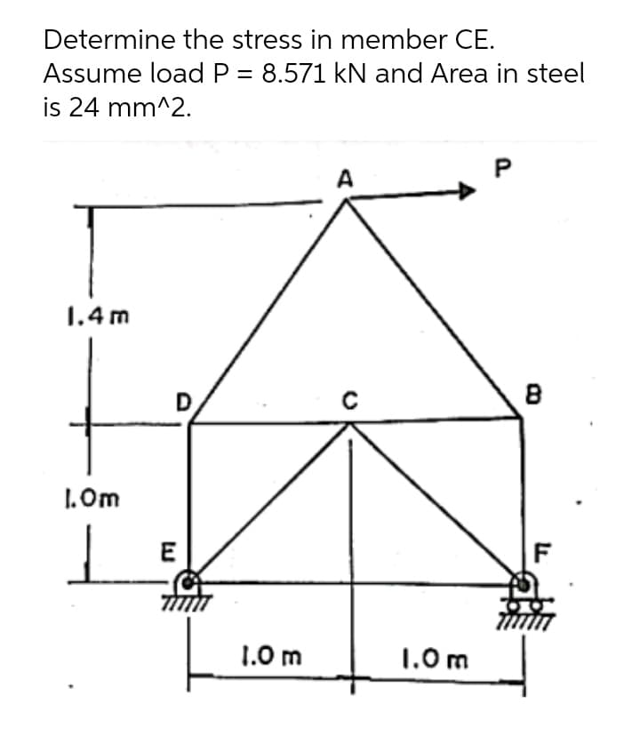 Determine the stress in member CE.
Assume load P = 8.571 kN and Area in steel
is 24 mm^2.
A
1.4 m
D
1.Om
E
F
1.0 m
1.0m
P.
