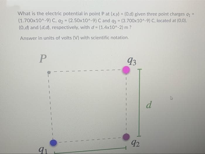 What is the electric potential in point P at (x,y) = (0,d) given three point charges q =
(1.700x10^-9) C, q2 (2.50x10^-9) C and q3 (3.700x10^-9) C, located at (0,0),
(0,d) and (d.d), respectively, with d = (1.4x10^-2) m?
Answer in units of volts (V) with scientific notation.
93
d
92
