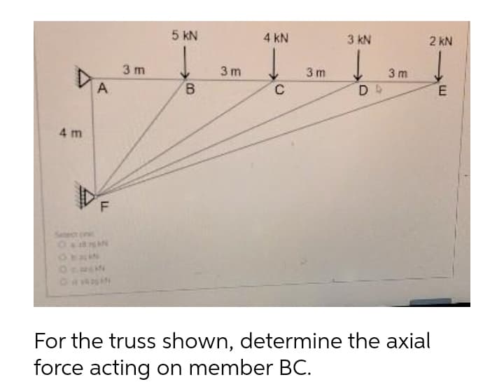 5 kN
4 kN
3 kN
2 kN
3 m
3 m
3 m
3 m
B.
C
4 m
For the truss shown, determine the axial
force acting on member BC.
A,
