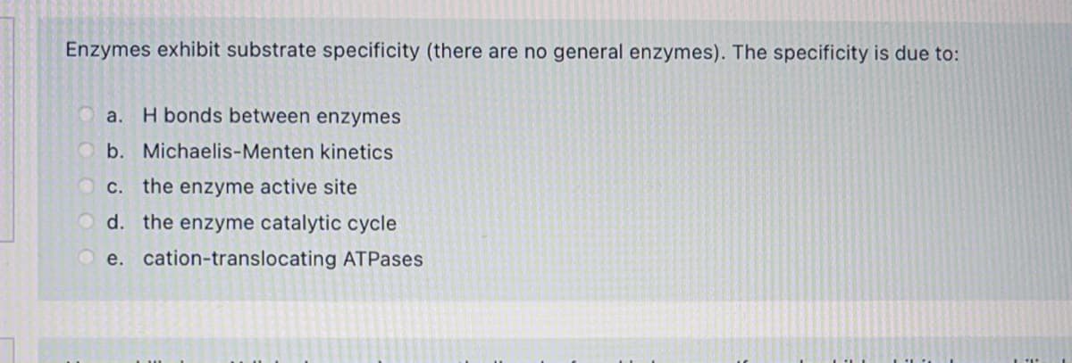 Enzymes exhibit substrate specificity (there are no general enzymes). The specificity is due to:
a. H bonds between enzymes
O b. Michaelis-Menten kinetics
O c. the enzyme active site
O d. the enzyme catalytic cycle
e. cation-translocating ATPases
