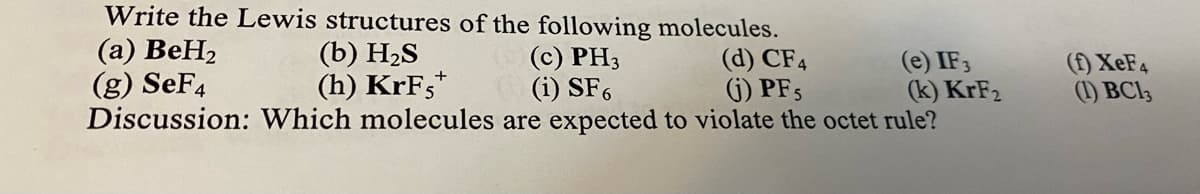 (c) PH3
(i) SF,
Discussion: Which molecules are expected to violate the octet rule?
Write the Lewis structures of the following molecules.
(a) BeH2
(g) SeF4
(b) H2S
(h) KrF;*
(d) CF4
(i) PF 5
(e) IF3
(k) KrF2
(f) XEF4
(1) BCI3
