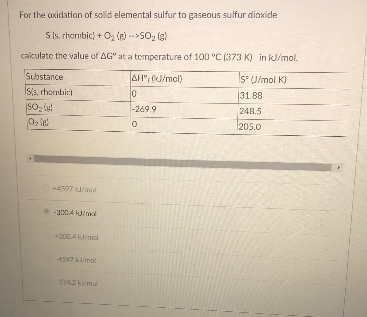 For the oxidation of solid elemental sulfur to gaseous sulfur dioxide
S (s, rhombic) + O2 (g) -->SO2 (g)
calculate the value of AG° at a temperature of 100 °C (373 K) in kJ/mol.
Substance
AH°; (kJ/mol)
S° (J/mol K)
f
S(s, rhombic)
SO2 (g)
02 (g)
31.88
-269.9
248.5
205.0
+4597 kJ/mol
-300.4 kJ/mol
+300.4 kJ/mol
-4597 kJ/mol
-274.2 kJ/mol
