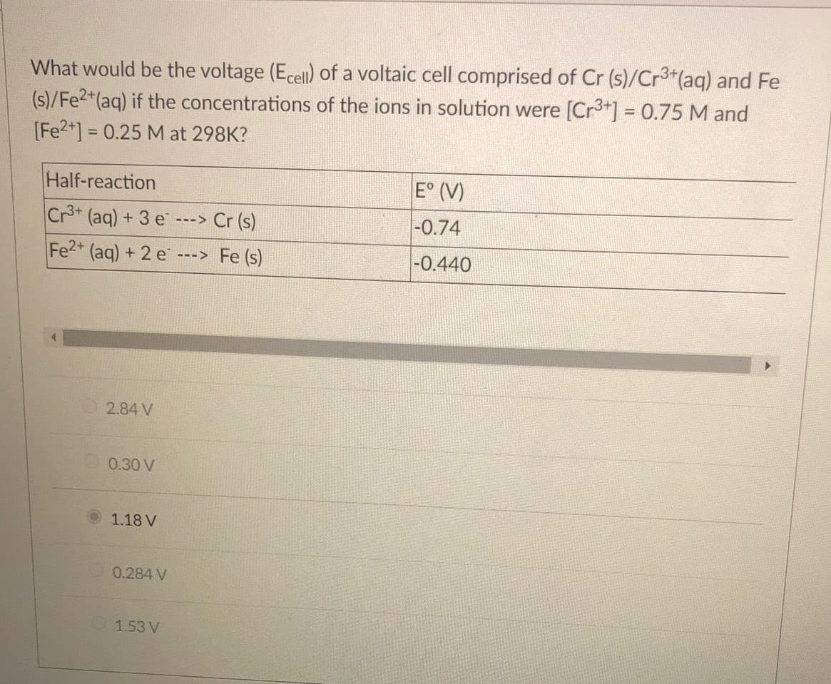 What would be the voltage (Ecell) of a voltaic cell comprised of Cr (s)/Cr3*(aq) and Fe
(s)/Fe2*(aq) if the concentrations of the ions in solution were [Cr3+] = 0.75 M and
[Fe2+] = 0.25 M at 298K?
%3D
Half-reaction
E° (V)
Cr3+ (aq) + 3 e
---> Cr (s)
|-0.74
Fe2+ (aq) + 2 e
Fe (s)
-0.440
--->
2.84 V
0.30 V
1.18 V
0.284 V
1.53 V
