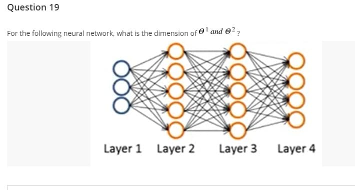 Question 19
For the following neural network, what is the dimension of el and 02?
Layer 1
Layer 2
Layer 3
Layer 4
