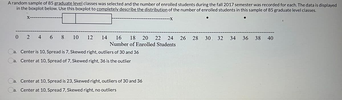 A random sample of 85 graduate level classes was selected and the number of enrolled students during the fall 2017 semester was recorded for each. The data is displayed
in the boxplot below. Use this boxplot to completely describe the distribution of the number of enrolled students in this sample of 85 graduate level classes.
92
X------
------X
30 32 34 36 38 40
0 2 4 6 8 10 12 14 16 18 20 22 24 26 28
Number of Enrolled Students
a. Center is 10, Spread is 7, Skewed right, outliers of 30 and 36
a. Center at 10, Spread of 7, Skewed right, 36 is the outlier
Ca.
a.
Center at 10, Spread is 23, Skewed right, outliers of 30 and 36
Ca.
a. Center at 10, Spread 7, Skewed right, no outliers