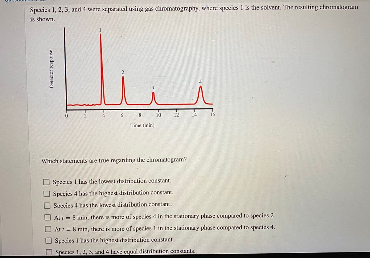 Species 1, 2, 3, and 4 were separated using gas chromatography, where species 1 is the solvent. The resulting chromatogram
is shown.
1
2
4
3
4
8
10
12
14
16
Time (min)
Which statements are true regarding the chromatogram?
Species 1 has the lowest distribution constant.
Species 4 has the highest distribution constant.
Species 4 has the lowest distribution constant.
At t = 8 min, there is more of species 4 in the stationary phase compared to species 2.
At t = 8 min, there is more of species 1 in the stationary phase compared to species 4.
Species 1 has the highest distribution constant.
OSpecies 1, 2, 3, and 4 have equal distribution constants.
Detector response
6
