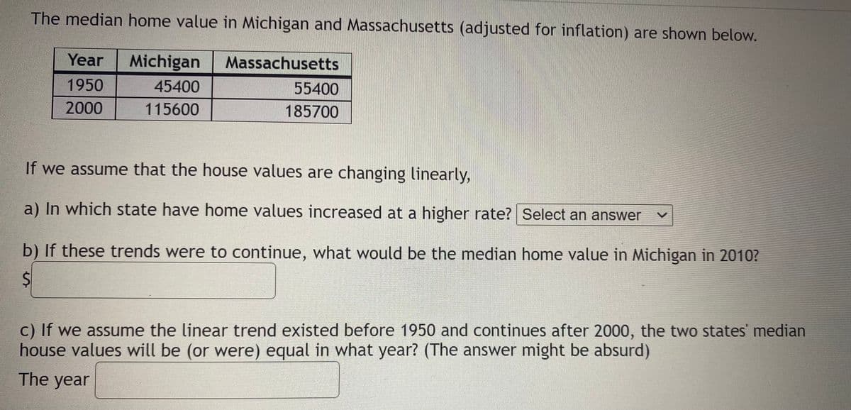 The median home value in Michigan and Massachusetts (adjusted for inflation) are shown below.
Year
Michigan
Massachusetts
1950
45400
55400
2000
115600
185700
If we assume that the house values are changing linearly,
a) In which state have home values increased at a higher rate? Select an answer
b) If these trends were to continue, what would be the median home value in Michigan in 2010?
2$
c) If we assume the linear trend existed before 1950 and continues after 2000, the two states' median
house values will be (or were) equal in what year? (The answer might be absurd)
The year
