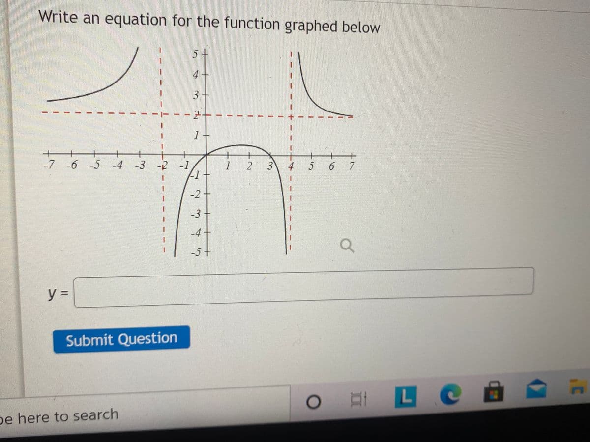 Write an equation for the function graphed below
5+
4-
3+
-2
ODU
1+
-7 -6 -5 -4 -3 -2 -1
4
6 7
-2+
-3+
-4+
-5+
y% D
Submit Question
L
be here to search
3.
2.
