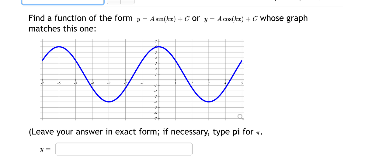 Find a function of the form y = Asin(kæ) + C or y = A cos(ka) + C whose graph
matches this one:
-2
-3
-4
-5
(Leave your answer in exact form; if necessary, type pi for 1
