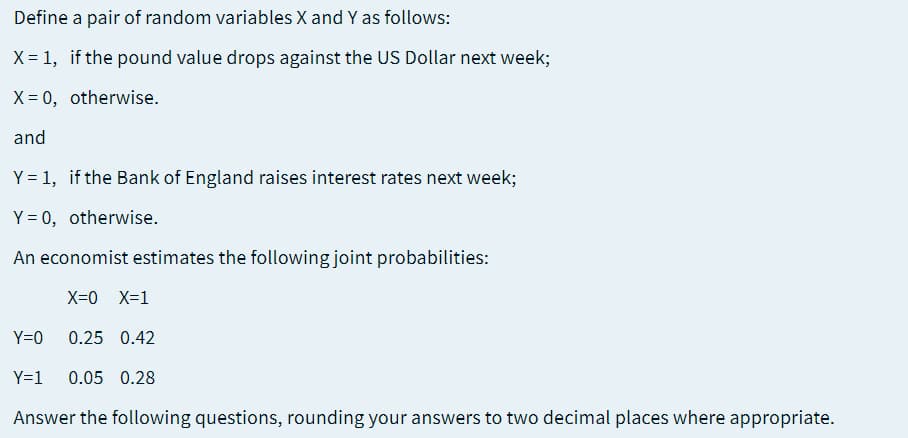 Define a pair of random variables X and Y as follows:
X = 1, if the pound value drops against the US Dollar next week;
X = 0, otherwise.
and
Y = 1, if the Bank of England raises interest rates next week;
Y = 0, otherwise.
An economist estimates the following joint probabilities:
X=0
X=1
Y=0
0.25 0.42
Y=1
0.05 0.28
Answer the following questions, rounding your answers to two decimal places where appropriate.
