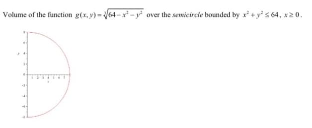 Volume of the function g(x, y)=√64-x² - y² over the semicircle bounded by x² + y² ≤ 64, x ≥ 0.
2-