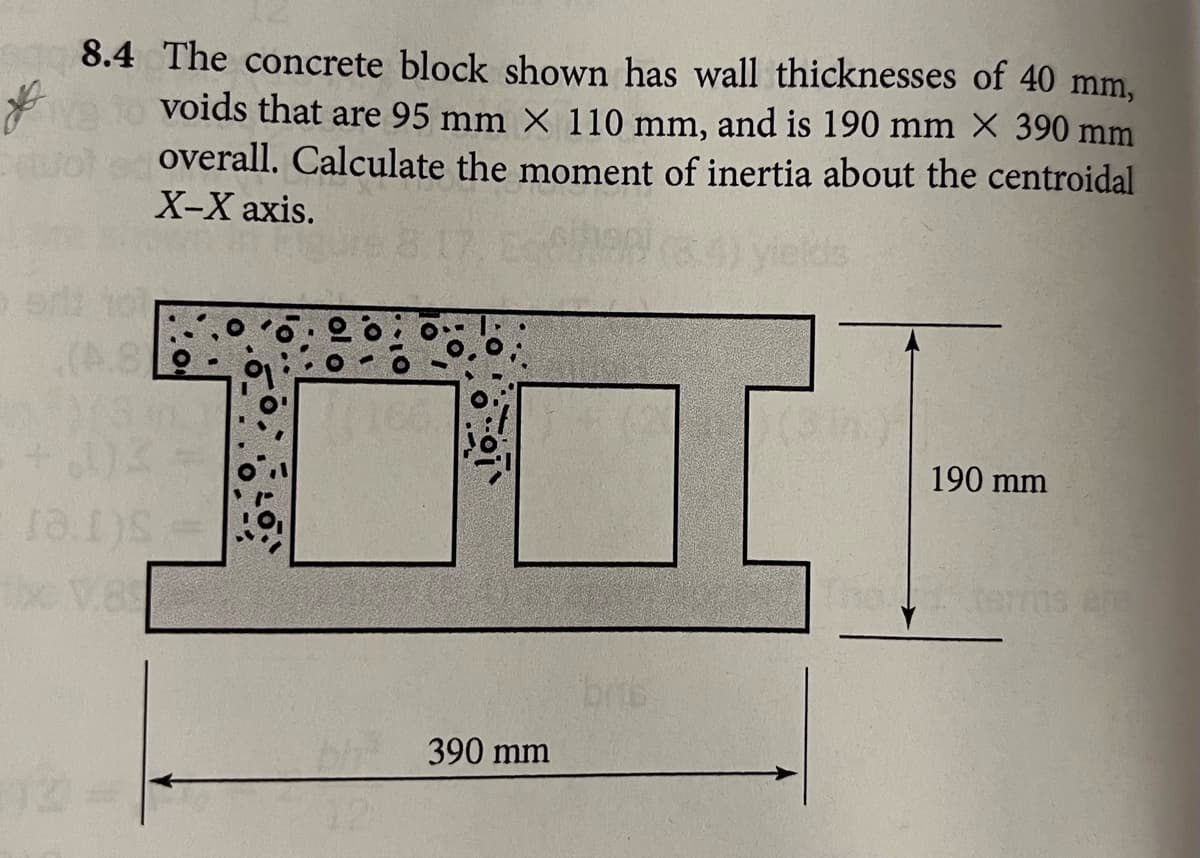 8.4 The concrete block shown has wall thicknesses of 40 mm,
voids that are 95 mm x 110 mm, and is 190 mm × 390 mm
overall. Calculate the moment of inertia about the centroidal
X-X axis.
(A.S
ra.r)s
e V.89
12
-
390 mm
bris
190 mm
terms and