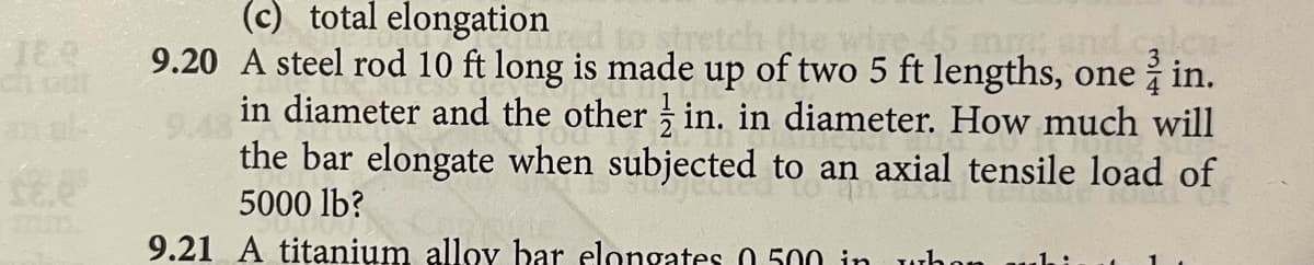 SEA
2002
(c) total elongation
o stretch the wire 45 mm and 3
9.20 A steel rod 10 ft long is made up of two 5 ft lengths, one in.
in diameter and the other in. in diameter. How much will
the bar elongate when subjected to an axial tensile load of
5000 lb?
9.21 A titanium alloy bar elongates 0.500 in whor