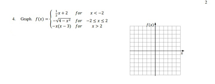 x +2 for
4. Graph. f(x) ={-V4 - x2 for -2 < xs2
(-x(x- 3) for
x<-2
x > 2
f(x)t
2.

