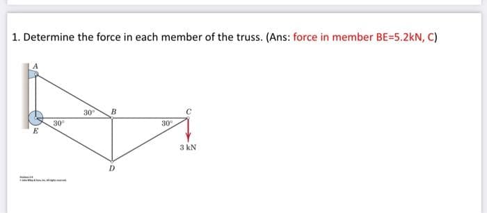 1. Determine the force in each member of the truss. (Ans: force in member BE=5.2kN, C)
E
30⁰
30° B
30°
3 kN