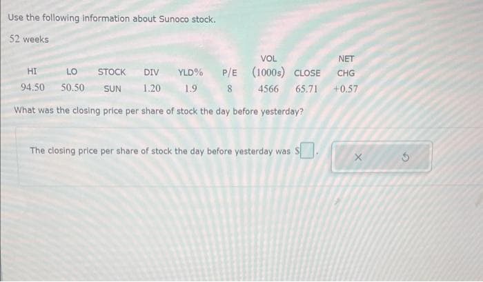 Use the following information about Sunoco stock.
52 weeks
NET
VOL
(1000s) CLOSE CHG
4566 65.71 +0.57
HI
P/E
LO STOCK DIV YLD %
94.50 50.50 SUN
1.20 1.9 8
What was the closing price per share of stock the day before yesterday?
The closing price per share of stock the day before yesterday was
X
G