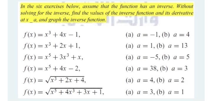In the six exercises below, assume that the function has an inverse. Without
solving for the inverse, find the values of the inverse function and its derivative
at x_a, and graph the inverse function.
f(x) = x³ +4x – 1,
(а) а — —1, (b) а — 4
f (x) = x³ + 2x +1,
f (x) = x + 3x +x,
(а) а 3D 1, (b)а — 13
(a) a = -5, (b) a = 5
%3D
f(x) = x + 4xr – 2,
(a) a = 38, (b) a = 3
%3D
f(x) = Vx3 + 2x +4,
(a) a = 4, (b) a = 2
f(x) = Vx + 4x3 + 3x + 1,
(а) а %3D 3, (b) а %3D 1
