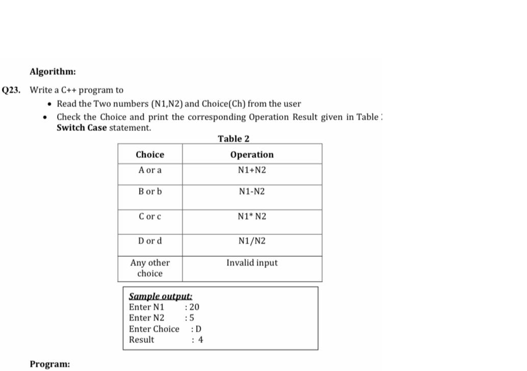 Algorithm:
Q23. Write a C++ program to
• Read the Two numbers (N1,N2) and Choice(Ch) from the user
• Check the Choice and print the corresponding Operation Result given in Table:
Switch Case statement.
Table 2
Choice
Operation
A or a
N1+N2
B or b
N1-N2
C or c
N1* N2
D or d
N1/N2
Invalid input
Any other
choice
Sample output:
Enter N1
:20
Enter N2
:5
Enter Choice
Result
:D
: 4
Program:
