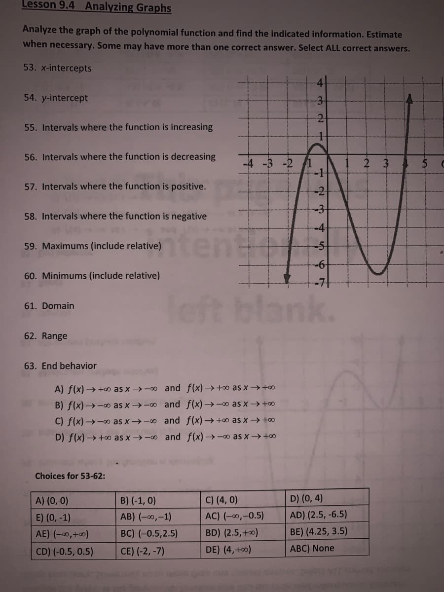 Lesson 9.4 Analyzing Graphs
Analyze the graph of the polynomial function and find the indicated information. Estimate
when necessary. Some may have more than one correct answer. Select ALL correct answers.
53. x-intercepts
54. y-intercept
3-
2
55. Intervals where the function is increasing
56. Intervals where the function is decreasing
-4 -3 -2
-
57. Intervals where the function is positive.
-2
58. Intervals where the function is negative
itent
-4
59. Maximums (include relative)
-5
-6
60. Minimums (include relative)
left blank.
61. Domain
62. Range
63. End behavior
A) f(x) → +oo as x →-00 and f(x)→ +o as x →+o0
B) f(x)→-∞ as x →-0 and f(x) →-o as x→+oo
C) f(x) →-0 as x→-00 and f(x)→ +o as x → +0
D) f(x) → +o as x→-00 and f(x)→ -00 as x → +o0
Choices for 53-62:
A) (0, 0)
B) (-1, 0)
C) (4, 0)
D) (0, 4)
E) (0, -1)
AB) (-0,-1)
AC) (-0,-0.5)
AD) (2.5, -6.5)
AE) (-00,+0)
BC) (-0.5,2.5)
BD) (2.5,+0)
BE) (4.25, 3.5)
CD) (-0.5, 0.5)
CE) (-2, -7)
DE) (4,+00)
ABC) None
