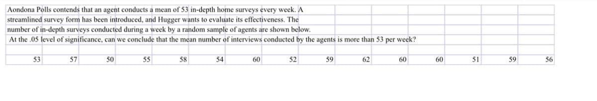 Aondona Polls contends that an agent conducts a mean of 53 in-depth home surveys every week. A
streamlined survey form has been introduced, and Hugger wants to evaluate its effectiveness. The
number of in-depth surveys conducted during a week by a random sample of agents are shown below.
At the .05 level of significance, can we conclude that the mean number of interviews conducted by the agents is more than 53 per week?
53
57
50
55
58
54
60
52
59
62
60
60
51
59
56