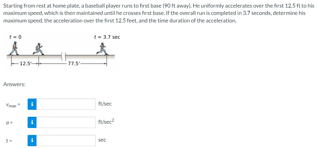 Starting from rest at home plate, a baseball player runs to first base (90 ft away). He uniformly accelerates over the first 12.5 ft to his
maximum speed, which is then maintained until he crosses first base. If the overall run is completed in 3.7 seconds, determine his
maximum speed, the acceleration over the first 12.5 feet, and the time duration of the acceleration.
t = 0
Ä &
Answers:
Vmax
a=
12.5
t =
i
i
i
77.5'
t = 3.7 sec
ft/sec
ft/sec²
sec