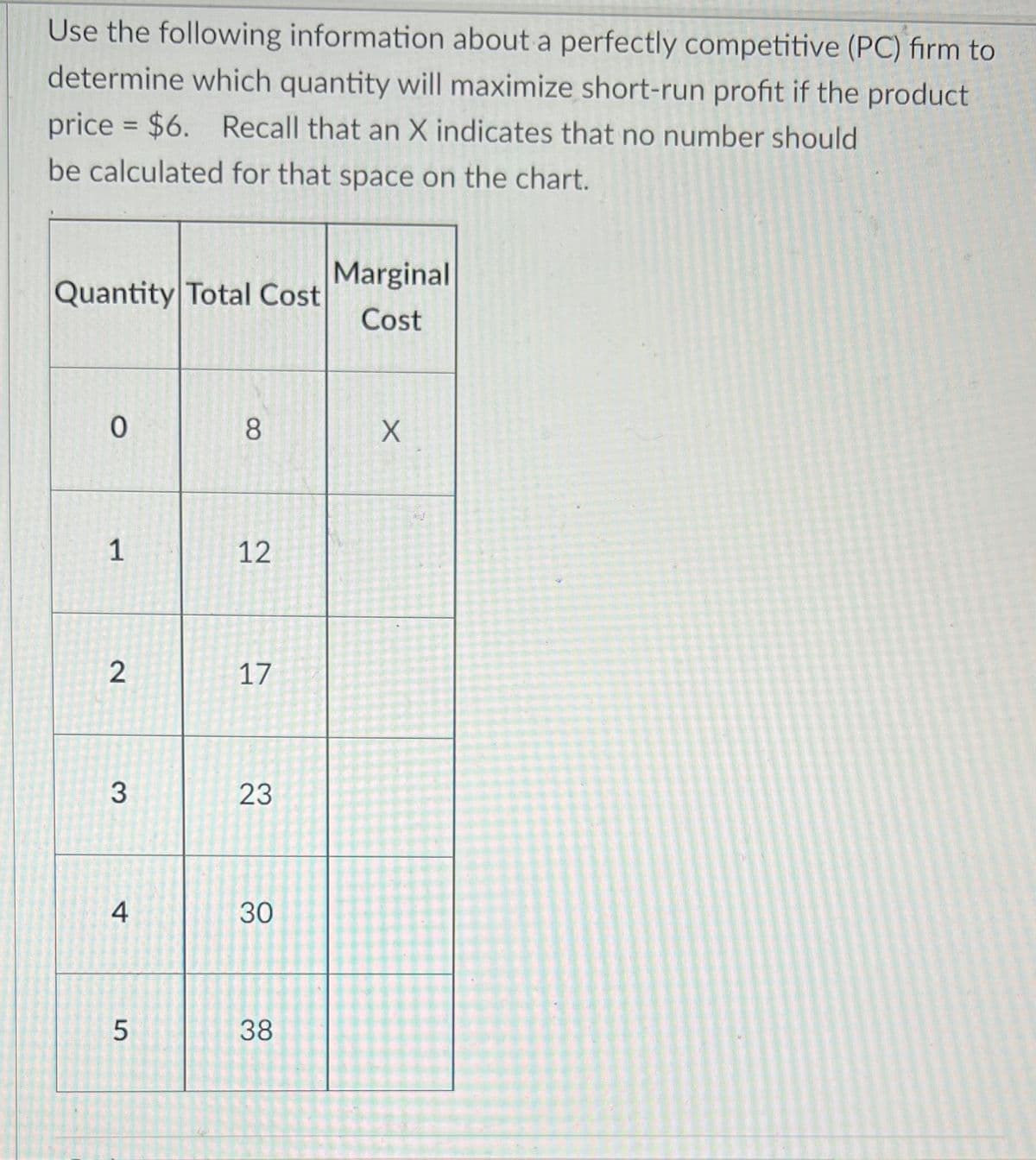 Use the following information about a perfectly competitive (PC) firm to
determine which quantity will maximize short-run profit if the product
price = $6. Recall that an X indicates that no number should
%3D
be calculated for that space on the chart.
Marginal
Quantity Total Cost
Cost
8.
12
17
3
4
30
38
23
1,
2.
