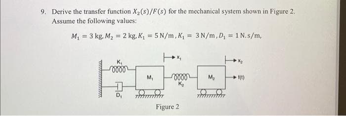 9. Derive the transfer function X₂ (s)/F(s) for the mechanical system shown in Figure 2.
Assume the following values:
M₁ = 3 kg, M₂ = 2 kg, K₁ = 5 N/m, K₁= 3 N/m, D₁ = 1 N.s/m,
K₁
oooo
OH
M₁
oooo
K₂
Figure 2
M₂
1(1)