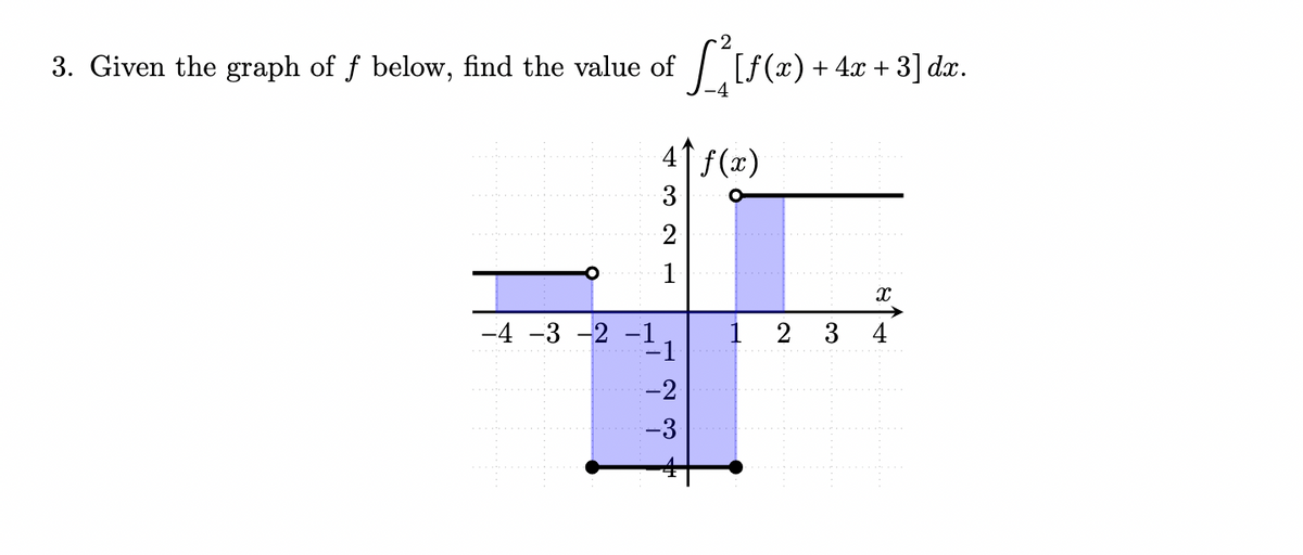 3. Given the graph of f below, find the value of
+ 4x + 3] dx.
4↑ f(x)
3
2
1
-4 -3 -2 -1
-1
2
3
4
-2
-3

