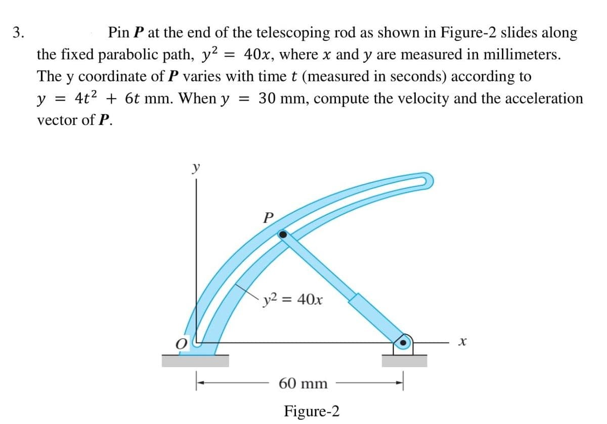 3.
Pin P at the end of the telescoping rod as shown in Figure-2 slides along
40x, where x and y are measured in millimeters.
The y coordinate of P varies with time t (measured in seconds) according to
the fixed parabolic path, y2
%3D
y = 4t2 + 6t mm. When y
30 mm, compute the velocity and the acceleration
vector of P.
y2 =
= 40x
60 mm
Figure-2
