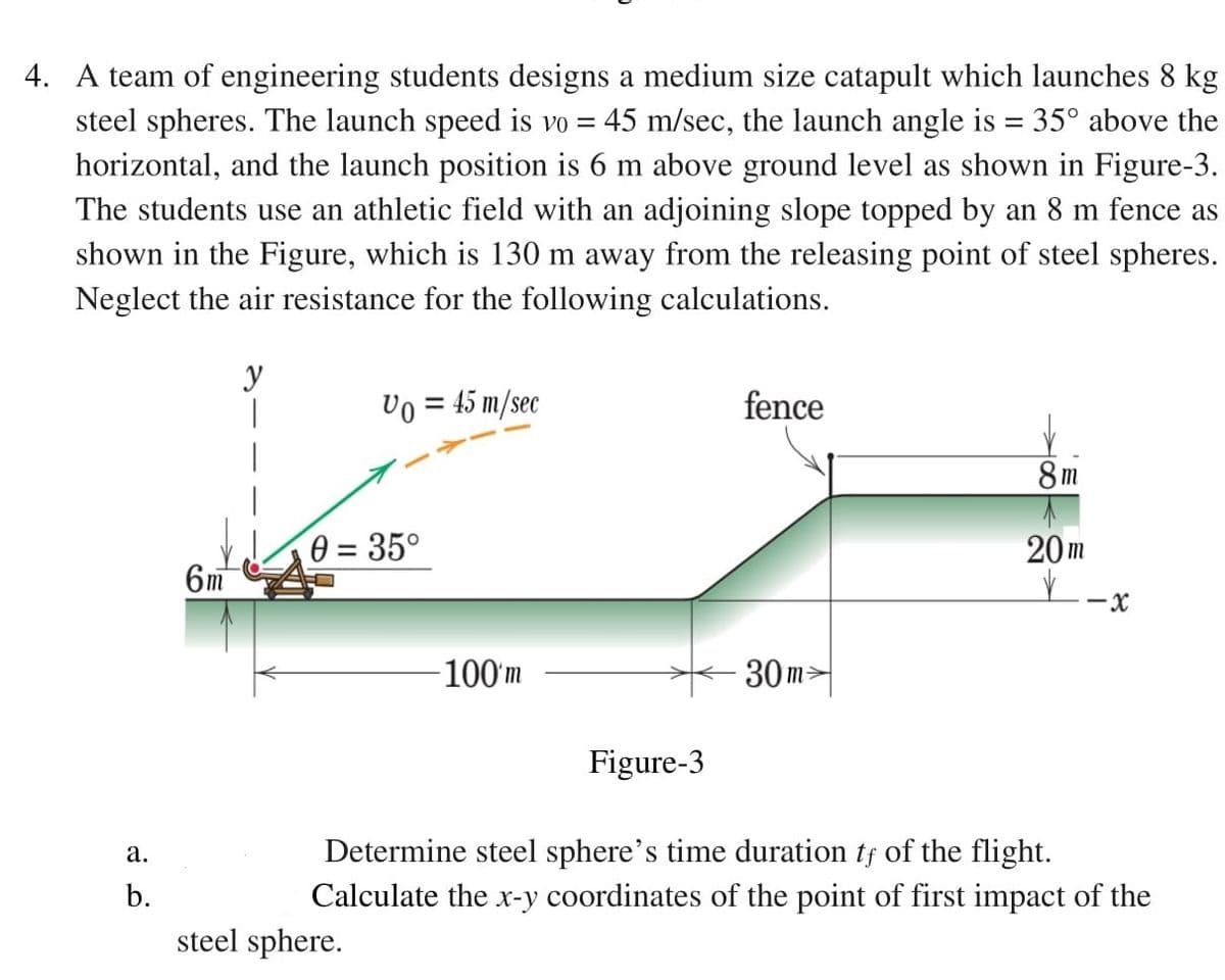 4. A team of engineering students designs a medium size catapult which launches 8 kg
steel spheres. The launch speed is vo = 45 m/sec, the launch angle is = 35° above the
horizontal, and the launch position is 6 m above ground level as shown in Figure-3.
The students use an athletic field with an adjoining slope topped by an 8 m fence as
shown in the Figure, which
130 m away from the releasing point of steel spheres.
Neglect the air resistance for the following calculations.
y
Vo = 45 m/sec
fence
8m
0 = 35°
20m
6m
-x
-100'm
30 m>
Figure-3
Determine steel sphere's time duration tf of the flight.
Calculate the x-y coordinates of the point of first impact of the
а.
b.
steel sphere.
