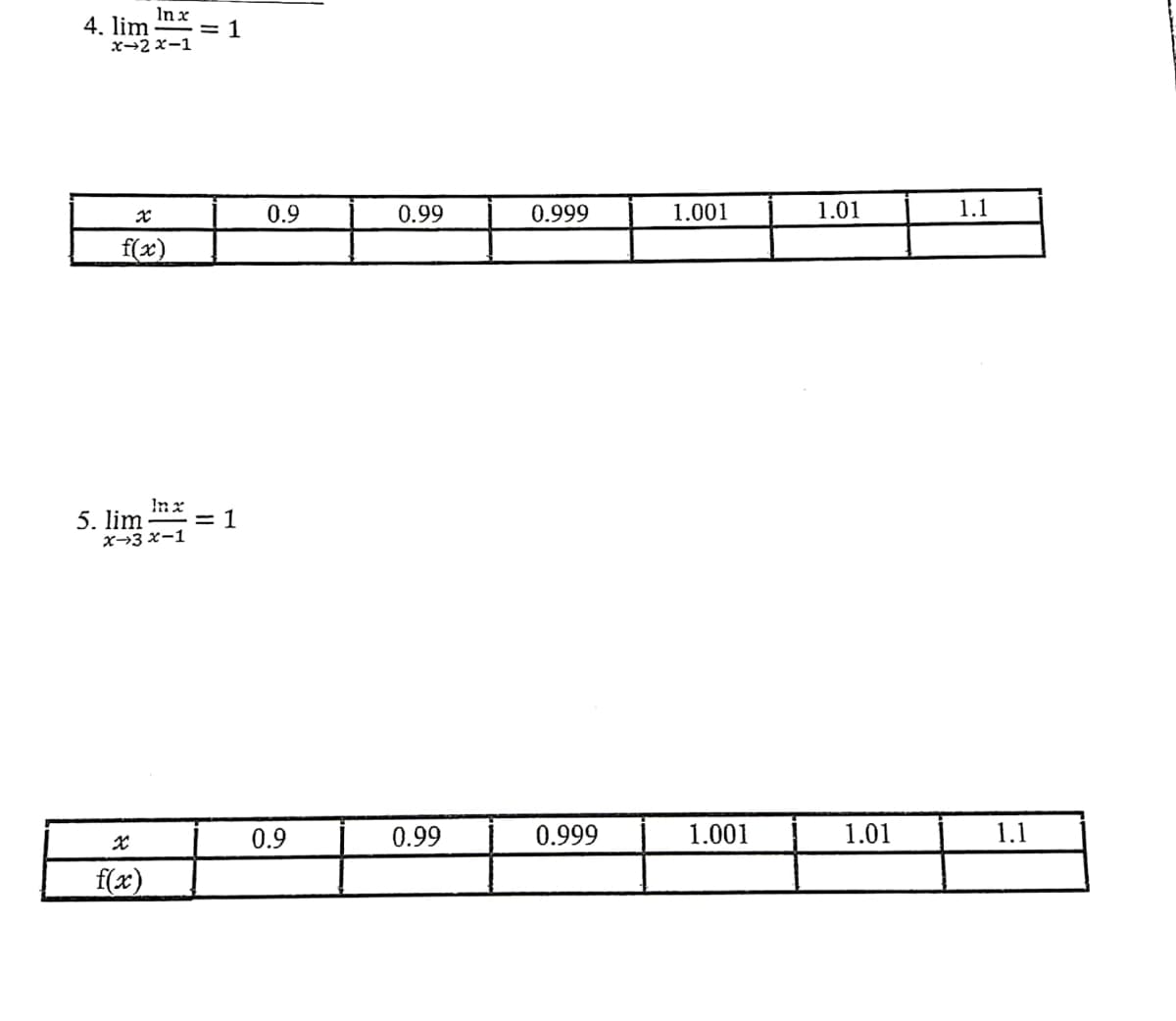 Inx
4. lim
= 1
x-2 x-1
0.9
0.99
0.999
1.001
1.01
1.1
f(x)
In x
5. lim
= 1
x→3 x-1
北
0.9
0.99
0.999
1.001
1.01
1.1
f(x)
