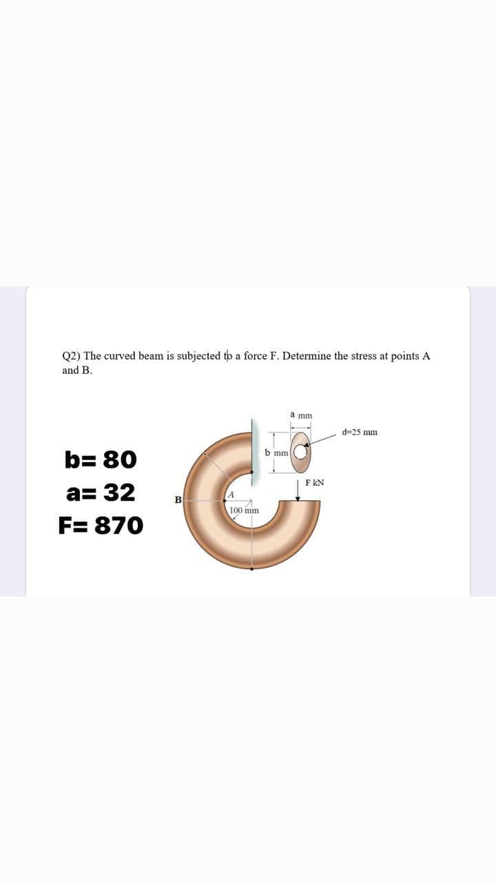 Q2) The curved beam is subjected to a force F. Determine the stress at points A
and B.
a mm
d=25 mm
b mm
b= 80
F KN
a= 32
B
100 mm
F= 870
