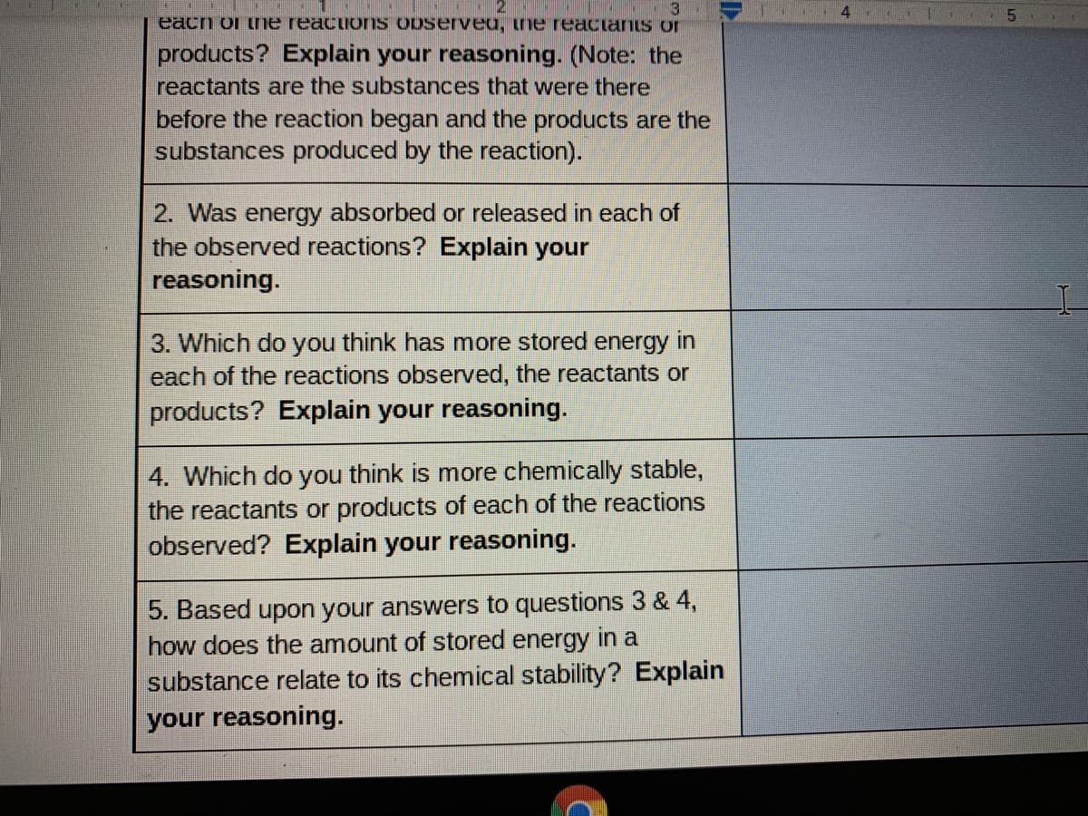 3
each of tne reactions observed, the reacianis or
5.
products? Explain your reasoning. (Note: the
reactants are the substances that were there
before the reaction began and the products are the
substances produced by the reaction).
2. Was energy absorbed or released in each of
the observed reactions? Explain your
reasoning.
3. Which do you think has more stored energy in
each of the reactions observed, the reactants or
products? Explain your reasoning.
4. Which do you think is more chemically stable,
the reactants or products of each of the reactions
observed? Explain your reasoning.
5. Based upon your answers to questions 3 & 4,
how does the amount of stored energy in a
substance relate to its chemical stability? Explain
your reasoning.

