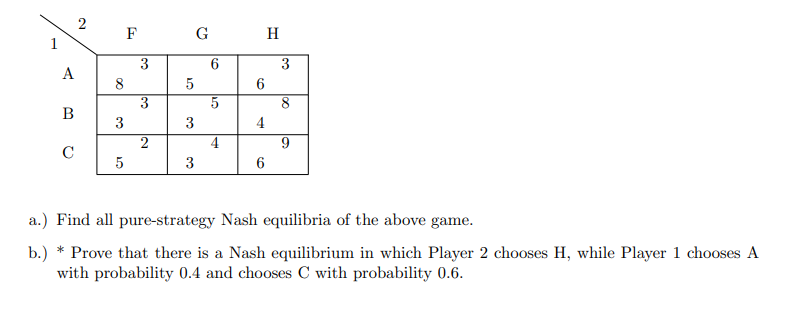 F
G
H
1
3
6
3
A
6.
8.
8
5
3
B
3
3
4
4.
9.
C
5
3
a.) Find all pure-strategy Nash equilibria of the above game.
b.) * Prove that there is a Nash equilibrium in which Player 2 chooses H, while Player 1 chooses A
with probability 0.4 and chooses C with probability 0.6.
00
2,
