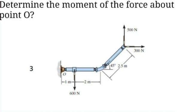 Determine the moment of the force about
point O?
500 N
300 N
45 25m
3
600 N
