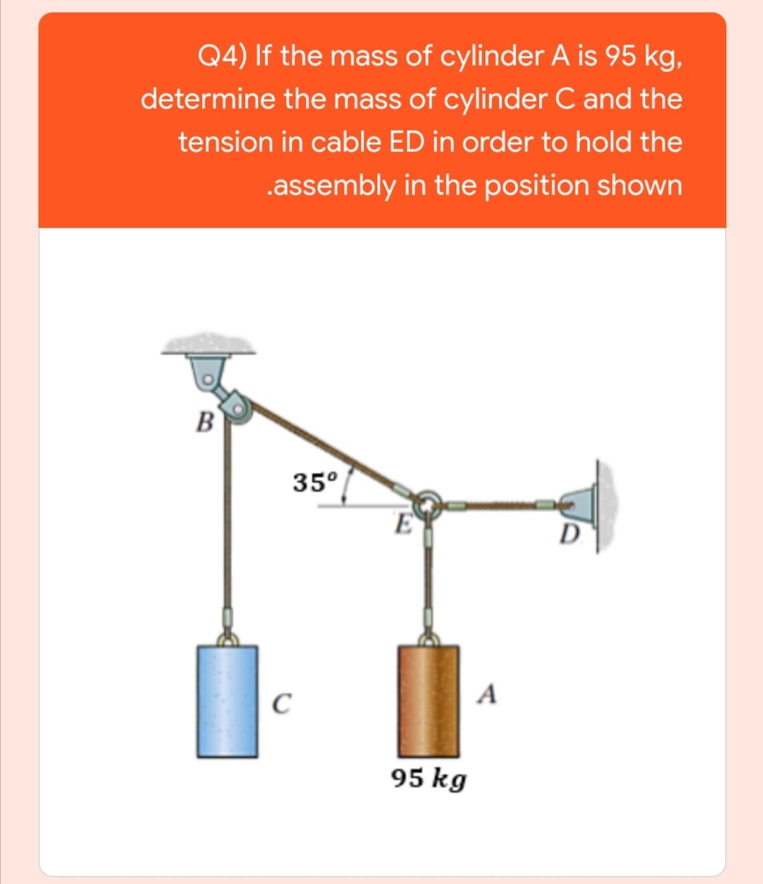 Q4) If the mass of cylinder A is 95 kg,
determine the mass of cylinder C and the
tension in cable ED in order to hold the
.assembly in the position shown
B
35°
D
C
A
95 kg
