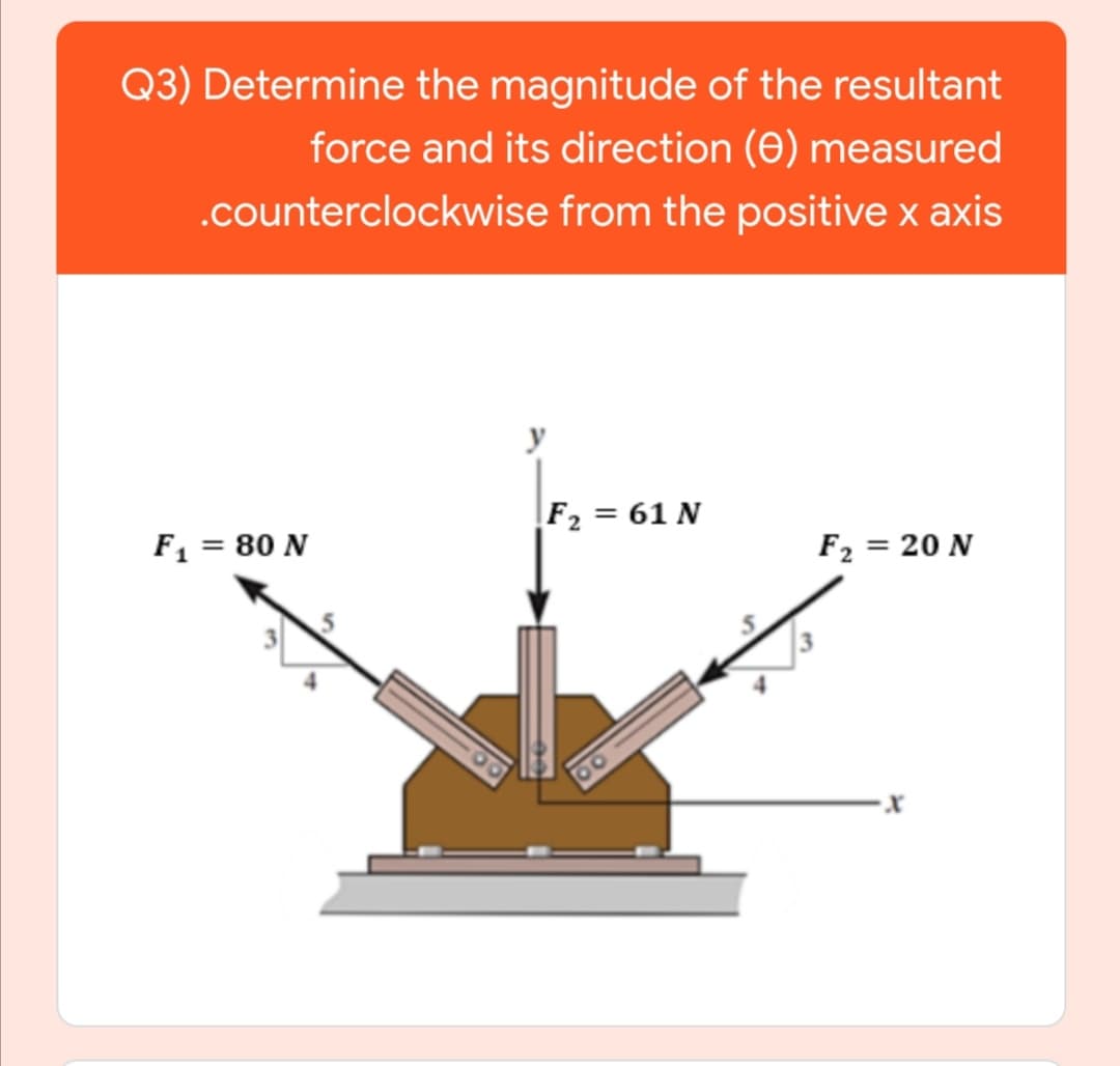 Q3) Determine the magnitude of the resultant
force and its direction (0) measured
.counterclockwise from the positive x axis
y
F2 = 61 N
F1 = 80 N
F2 = 20 N
%3D
%3D

