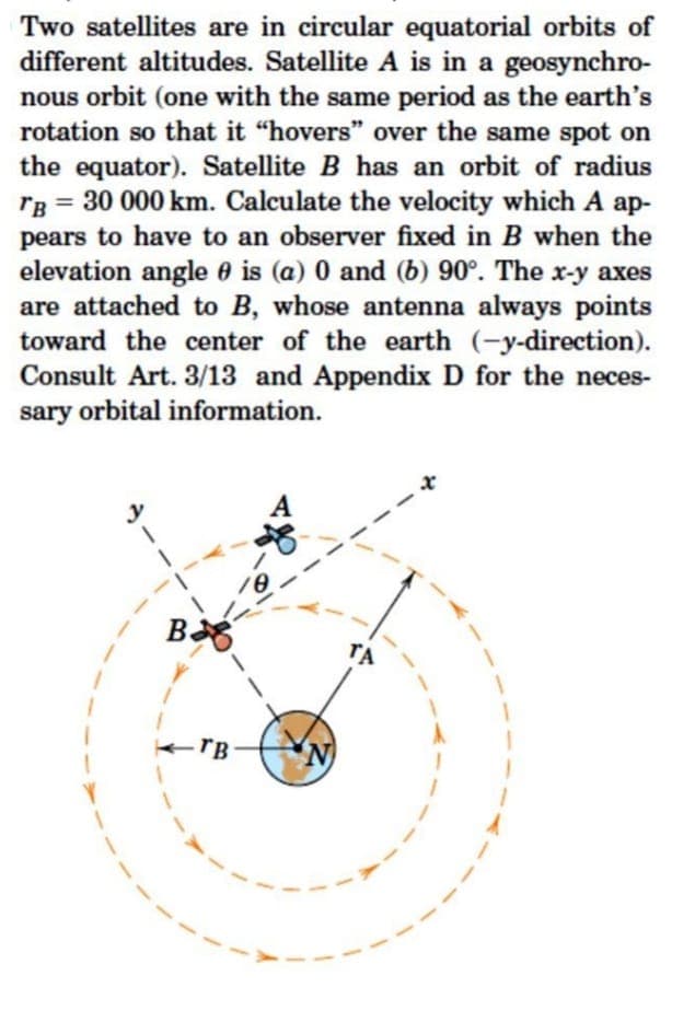 Two satellites are in circular equatorial orbits of
different altitudes. Satellite A is in a geosynchro-
nous orbit (one with the same period as the earth's
rotation so that it "hovers" over the same spot on
the equator). Satellite B has an orbit of radius
= 30 000 km. Calculate the velocity which A ap-
rB
pears to have to an observer fixed in B when the
elevation angle 0 is (a) 0 and (b) 90°. The x-y axes
are attached to B, whose antenna always points
toward the center of the earth (-y-direction).
Consult Art. 3/13 and Appendix D for the neces-
sary orbital information.
A
y
TA
-rB
