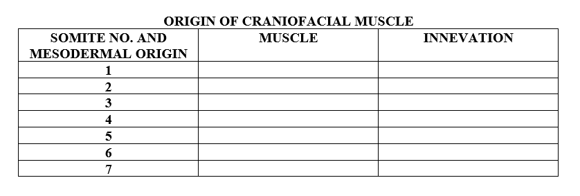 ORIGIN OF CRANIOFACIAL MUSCLE
SOMITE NO. AND
MUSCLE
INNEVATION
MESODERMAL ORIGIN
1
2
3
4
5
617
